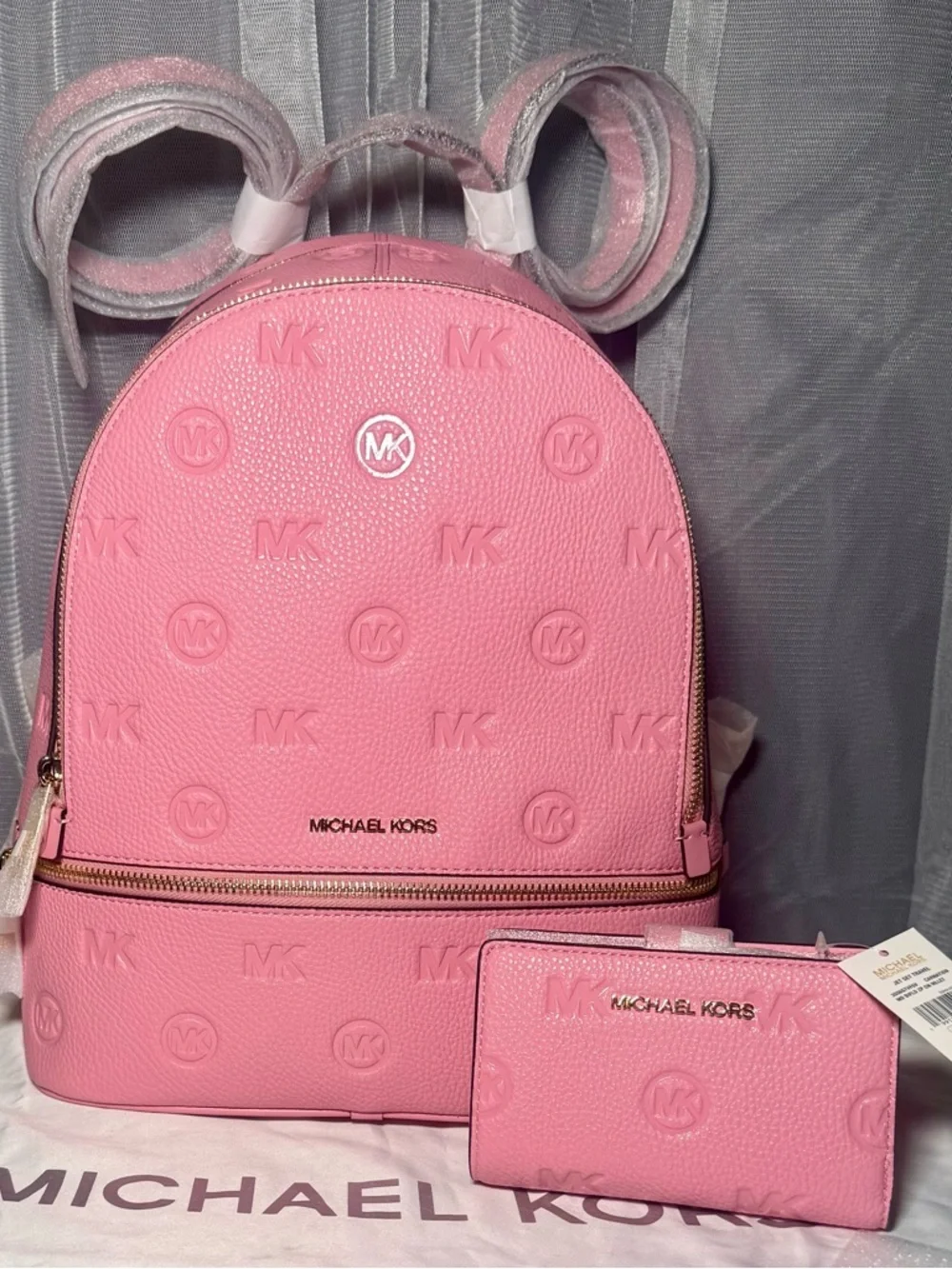 Michael Kors  Rhea Pink Embossed MK Dome Backpack with Matching Wristlet